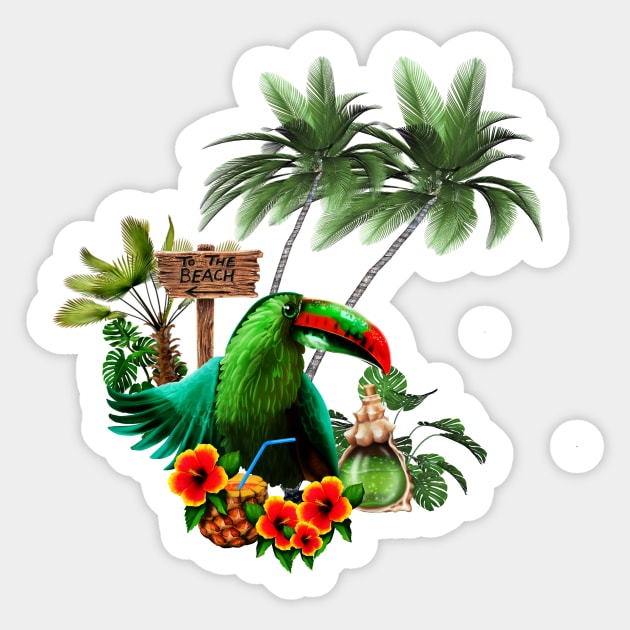 Tropical design with cute toucan with a drink and palm trees Sticker by Nicky2342